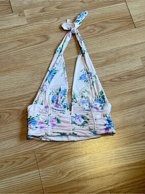 Floral Halter Bikini Top in Soft Pink and Blue